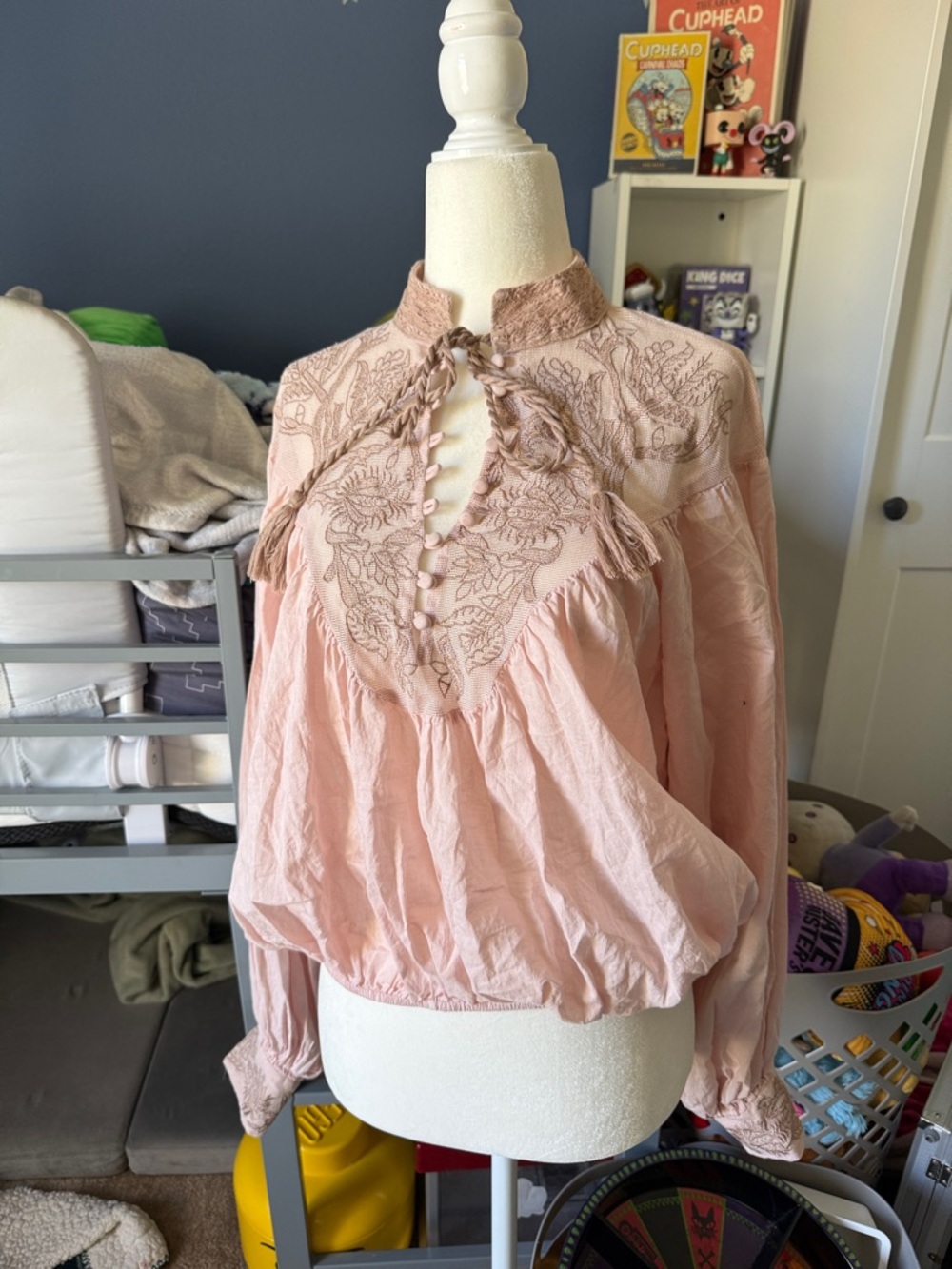 One Teaspoon Embroidered Pink Peasant Blouse with Tassel Tie